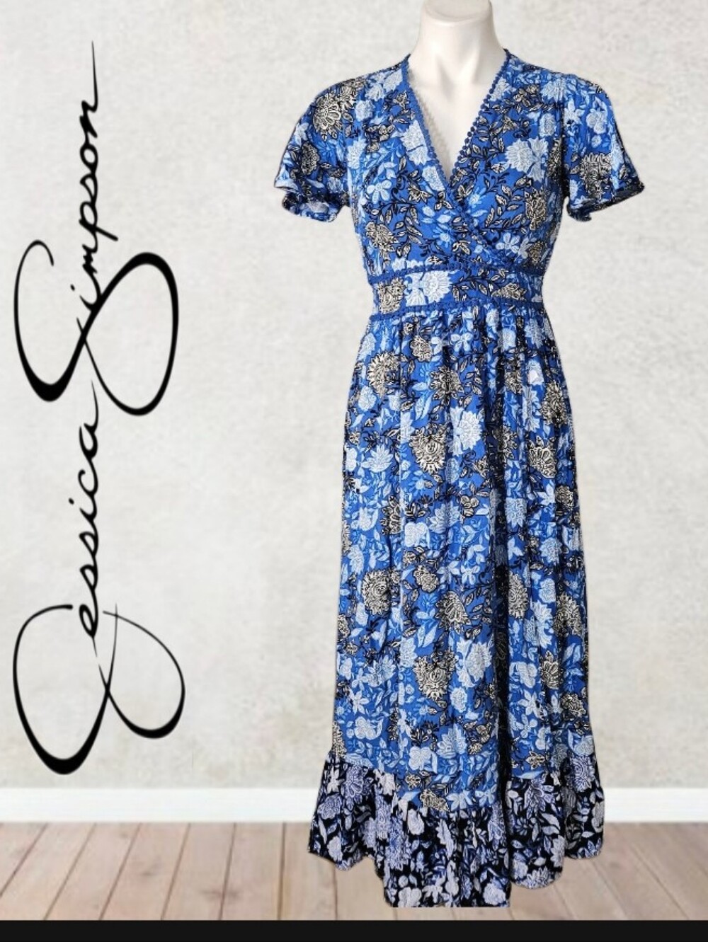 Jessica Simpson Blue Floral Tie-Waist Maxi Dress Size SMALL